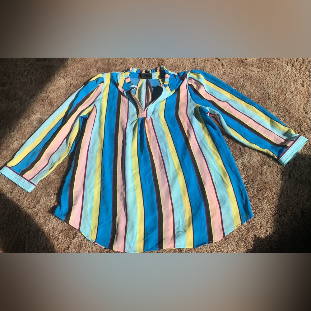 Striped Multicolored Striped Long Sleeve Collared Blouse